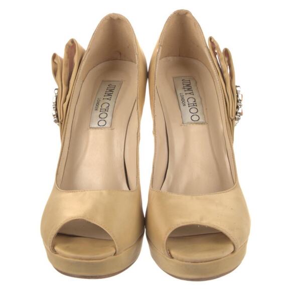JIMMY CHOO Beige Tan Satin Crystal Peep Toe Platform Slingback Pumps Sz 9 IT 39 - Picture 2 of 5